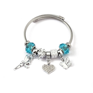 Detail of silver twisted cable bracelet with light blue crystal beads and butterfly charms