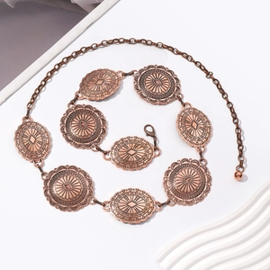 Chaîne de taille bohème rétro en métal avec plaques rondes gravées de motifs soleil