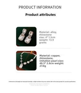 Detailed size and weight specs for the rhinestone rectangle earring and pearl necklace set