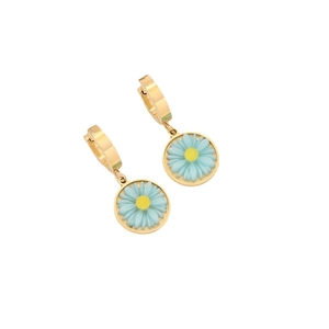 Daisy pendant earrings in gold finish with light blue petals and yellow center detail