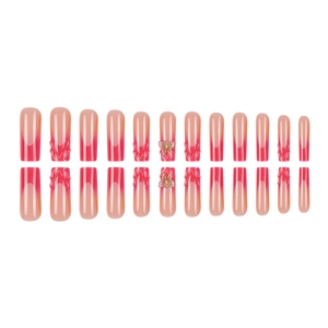 3D French coffin press-on nails with red pink gradient and 3D ribbon bow designs
