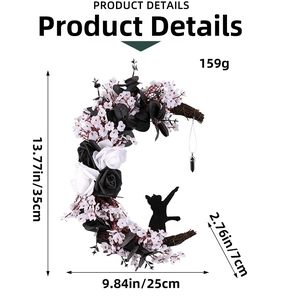 Detail showing 35cm black rose crescent moon wreath with cat silhouette and gemstone