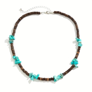 Detail view of Bohemian coconut shell and turquoise beaded necklace with lobster clasp