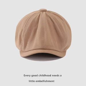 Classic kids camel khaki newsboy cap with octagonal stitching and twill fabric texture