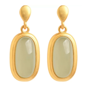 Elegant gold-plated drop earrings with oval green gemstone in a vintage minimalist design
