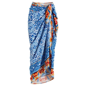 Blue and white porcelain print chiffon sarong wrap skirt with vibrant wavy border details