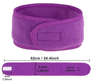 Macro view of purple microfiber yoga headband showing dimensions and velcro closure details