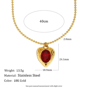 18K gold plated stainless steel beaded necklace with a red heart ruby pendant