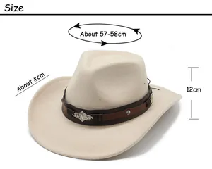 Size chart showing 57-58cm circumference and 8cm brim for the western cowboy felt hat