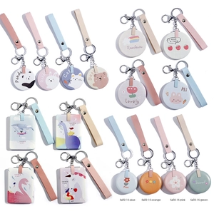 Foldable double-sided mini mirror with cute cartoon animal PU leather keychain charms