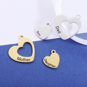 Polished heart pendants engraved with Mother Daughter Dad Son on gold and silver finish