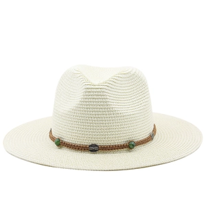 Bohemian off-white woven straw fedora hat with ethnic beads and metal sun protection