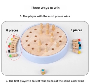Top view of wooden memory chess set showing colorful pegs and game rules on white background
