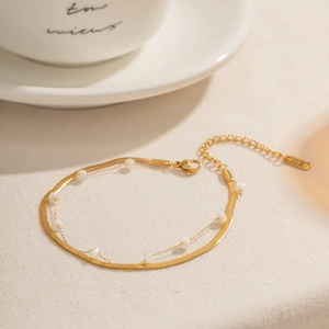 18K gold double layer snake chain and white shell bead bracelet for women