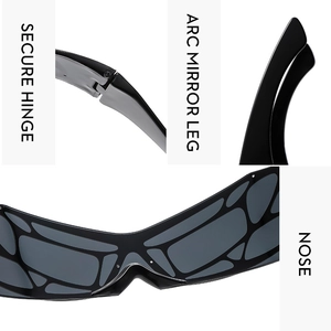 Detail view showing secure hinges and arc mirror legs of Y2K tech wrap sunglasses