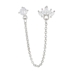 Detail of silver chain earring with round zircon and marquise-cut crown design