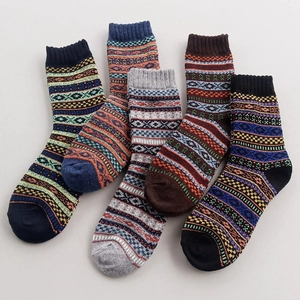 5-pack vintage ethnic style wool blend thick thermal crew socks in assorted patterns