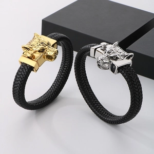Punk style wolf head braided leather bracelet with vintage steel clasp in gold and silver