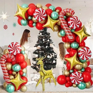 Macro shot of Christmas balloon arch with gold reindeer and star foil balloons