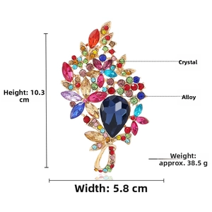 Detailed view of large vintage crystal flower brooch with size dimensions and measurements