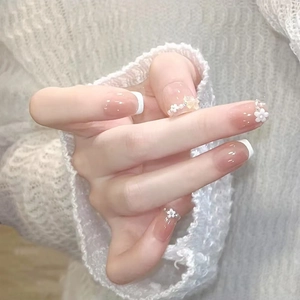 White French Tip Press On Nails With 3D Flower Artificial Pearl Rhinestone Decor Nude Pink Elegant Fashion Artificial Fingernails For Women