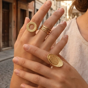 18K Gold Plated Copper Hammered Open Ring For Women Minimalist Geometric Hollow Oval Round Adjustable Jewelry Ring