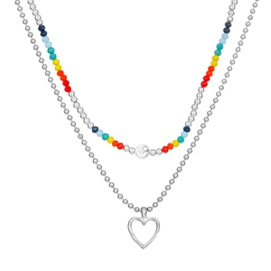 Double-layered beaded necklace with smiley and hollow heart pendants on a white background