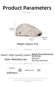Detailed chart showing washed cotton ivy cap parameters and vintage newsboy hat size info