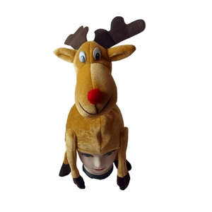 Plush brown reindeer costume hat with red nose and 3D antlers for Christmas parties