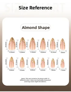 Size chart for French gold almond press-on nails showing 12 sizes from 7.3mm to 13.9mm