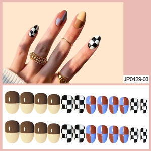 Checkerboard Press On Nails Warm Color Blocking Geometric Glossy Oval Artificial Fake Nails With Glue Sticker And File