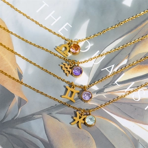 Stainless steel gold chain necklace featuring zodiac charms and colorful birthstones