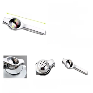 Macro detail of 12 juice holes and ergonomic handle on a stainless steel lemon press