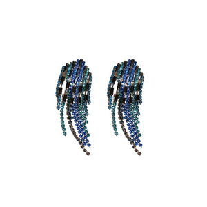 Elegant long fringe tassel earrings with blue green gradient rhinestones for women