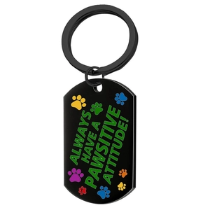 Black stainless steel pet tag with colorful paw prints and motivational quote engraving