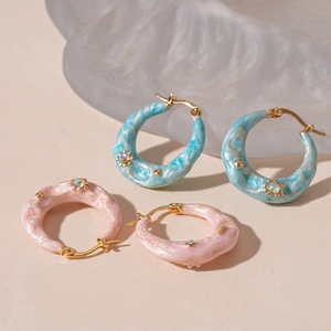 Vintage Geometric Hoop Earrings Copper Enamel Rhinestone Irregular Drip Oil Jewelry With Silver Earring Post For Women