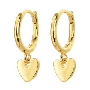 Fashionable 14K gold plated heart earrings with zircon and pearl accents on white background