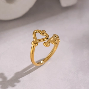 18K gold plated stainless steel open ring featuring a creative heart key design