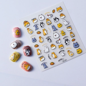 Detail of 5D embossed pet nail stickers with cute husky and cat motifs on colorful tips