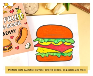 Detail of coloring book showing hamburger and hotdog illustrations for creative kids