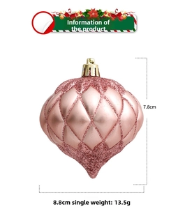 Pink pearlescent onion-shaped Christmas ornament with glitter rhombus pattern texture