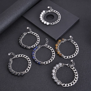 Double-layer men's stainless steel bracelet with natural tiger eye stone beads set