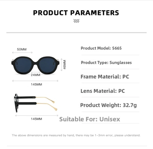 Detailed size specifications for 5665 vintage round sunglasses with PC frame measurements