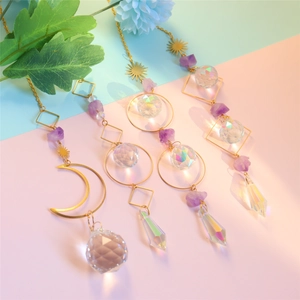 Crystal Suncatcher Hanging Ornament Amethyst Raw Stone Gold Metal Moon Sun Star Geometric Rainbow Maker Window Garden