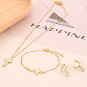 Set gioielli in acciaio al titanio dorato con collana, bracciale e orecchini a croce