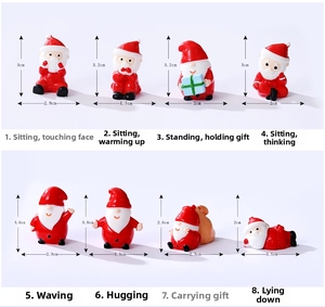 Size chart for resin Santa Claus figurines showing various poses and dimensions in cm