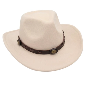 Close-up of cream western cowboy hat with brown leather belt and metal buckle details