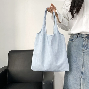 Close-up of a light blue polka dot canvas tote bag held by a person in a minimalist room