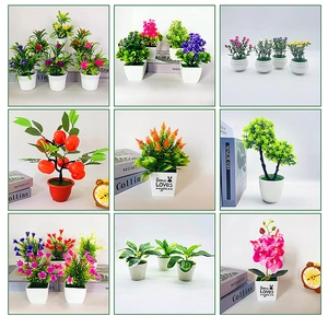 Collage showing various artificial potted plants like oranges and orchids in white pots