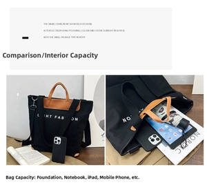 Detail view of canvas tote bag interior showing capacity for iPad, books and umbrella